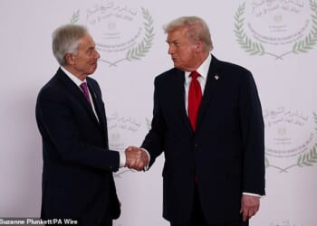 Donald Trump, pictured with Tony Blair last year, has asked nations to contribute $1 billion for permanent membership to his newly established Board of Peace
