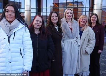 Six of the eight Darlington nurses (left to right): Carly Hoy, Karen Danson, Annice Grundy, Bethany Hutchison, Lisa Lockey and Jane Peveller. In a landmark tribunal decision, a judge ruled NHS bosses had 'violated the dignity' of the eight female nurses