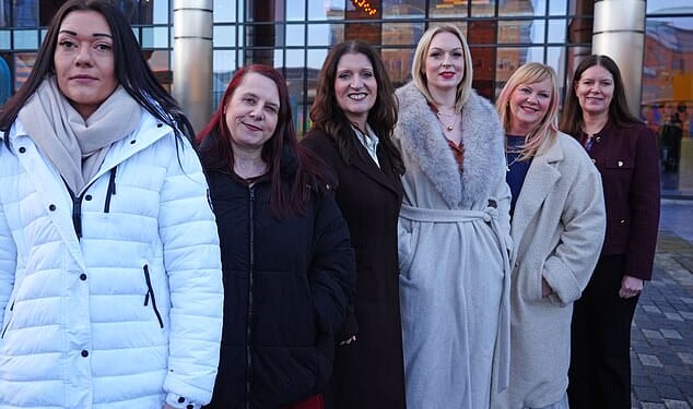 Six of the eight Darlington nurses (left to right): Carly Hoy, Karen Danson, Annice Grundy, Bethany Hutchison, Lisa Lockey and Jane Peveller. In a landmark tribunal decision, a judge ruled NHS bosses had 'violated the dignity' of the eight female nurses