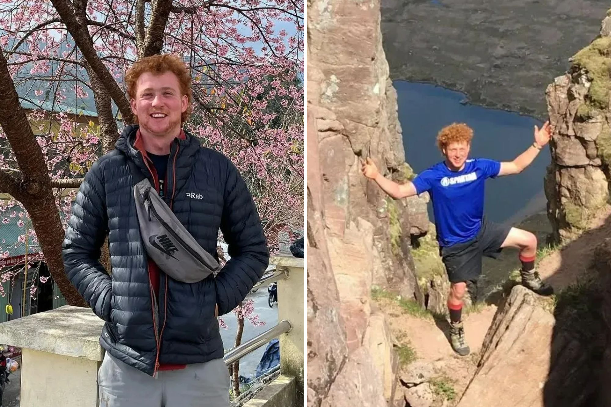 An image collage containing 2 images, Image 1 shows Fergus Cooper, a young man with red hair, smiles at the camera while standing in front of a cherry blossom tree, Image 2 shows Fergus Cooper standing between two rock faces with his arms out