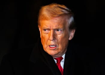 President Donald Trump walks over to reporters on the South Lawn of the White House in Marine One on Jan. 20, 2026 in Washington, DC.