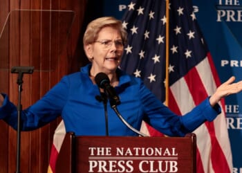 Sen. Elizabeth Warren holds a discussion at the National Press Building on Jan. 12, 2026, in Washington, D.C.