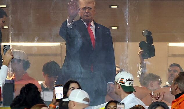 Donald Trump has made his grand arrival at Hard Rock Stadium ahead of the national title game