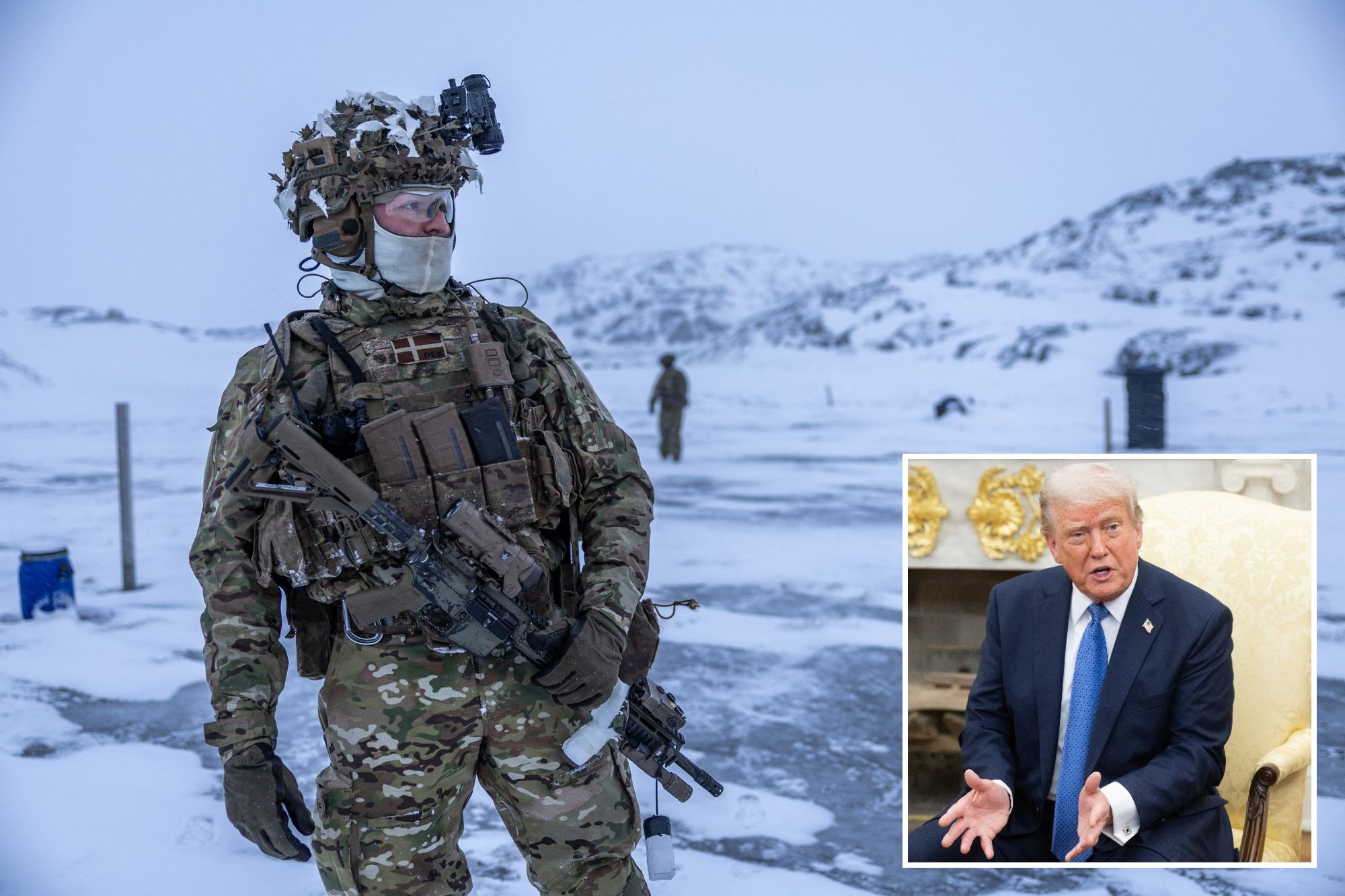 An image collage containing 2 images, Image 1 shows Danish soldier in camouflage and gear in a snowy landscape during shooting practice in Greenland, Image 2 shows US President Donald Trump speaking during a bilateral meeting