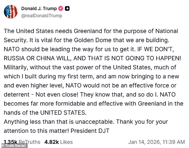 Taking to his platform Truth Social on Wednesday, the US President wrote that NATO must support Washington's bid to 'put Greenland in the hands of the US'