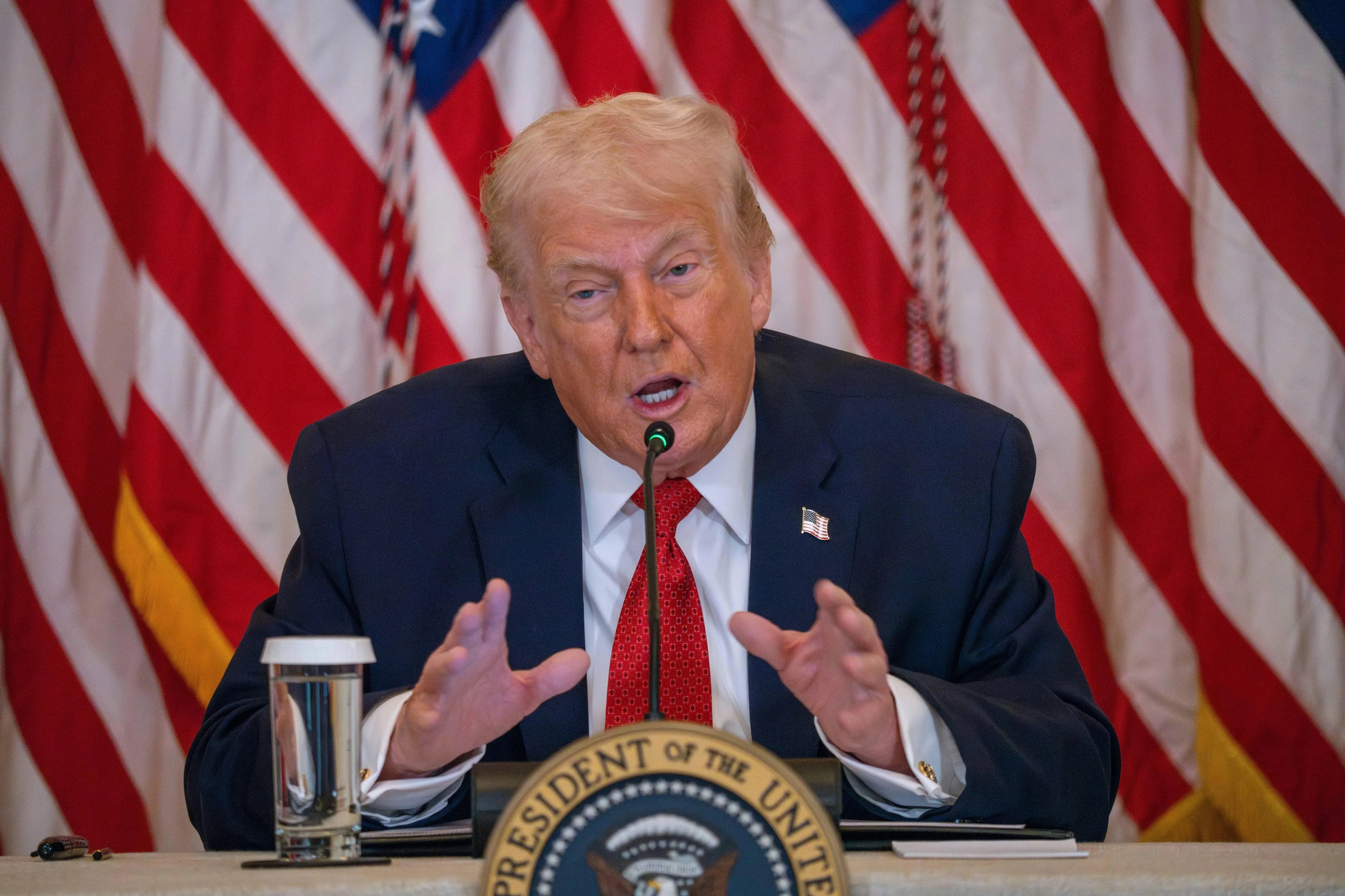 Washington, District Of Columbia, USA. 16th Jan, 2026. President DONALD TRUMP uses his hands as he speaks during a roundtable event in the East Room of the White House. (Credit Image: ¿ Joey Sussman/ZUMA Press Wire) EDITORIAL USAGE ONLY! Not for Comm