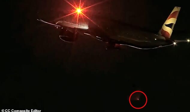 A British Airways plane lost a wheel during takeoff in Las Vegas on Monday night. Picture shows the moment the tyre dropped off the plane's landing gear