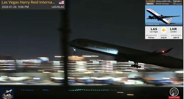 Pictured: Flight BA274 taking off from Las Vegas' Harry Reid International Airport on Monday night just moments before the wheel fell off