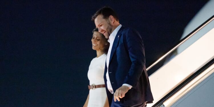 Vice President J.D. Vance and Second Lady Usha Vance arrive at Joint Base Andrews following a trip to Israel, on Oct. 24, 2025, in Maryland.