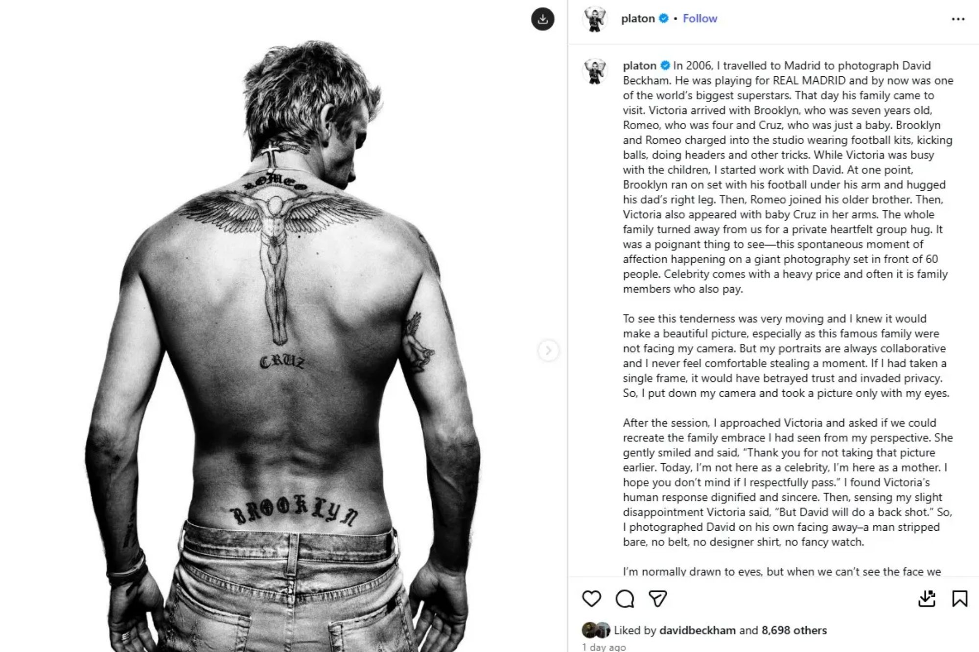 An image collage containing 1 images, Image 1 shows Black and white photo of David Beckham from behind, showcasing his "Cruz" and "Brooklyn" tattoos