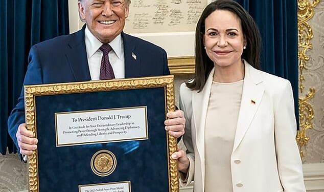 Venezuelan opposition leader María Corina Machado presented her Nobel Peace Prize medal to Trump during a White House meeting last week