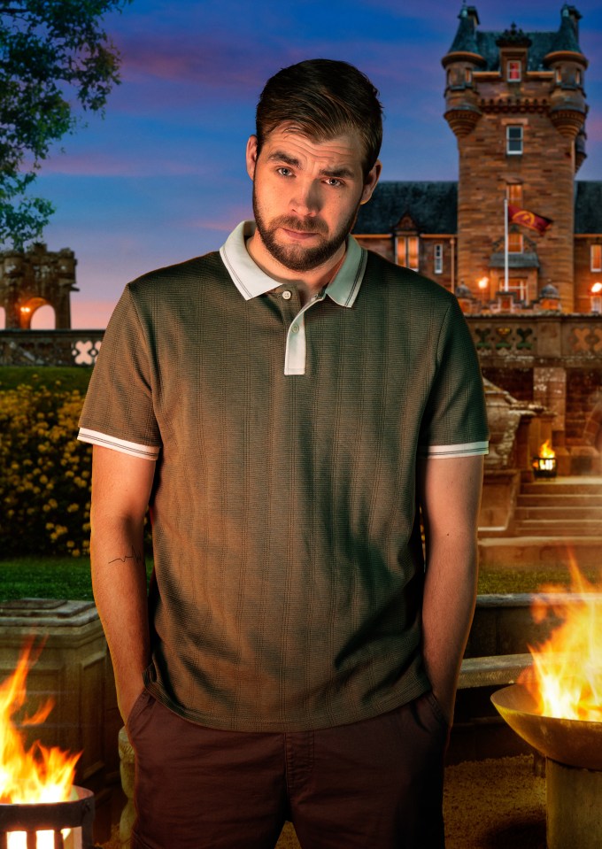 Adam, a 34-year-old builder from Essex, stands in front of a castle with fire pits in the foreground.