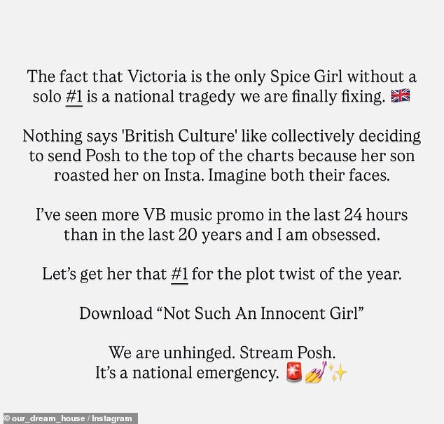 The chart positions have been helped by a social media campaign which is determined to 'fix the national tragedy' that 'Victoria is the only Spice Girl without a solo #1.'
