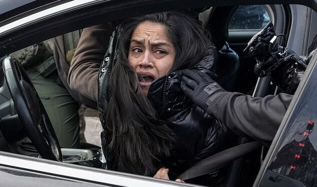 The video shows the unidentified woman being pulled from her car as she desperately clung onto the driver's side door on Tuesday