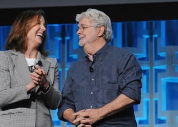 Kathleen Kennedy and George Lucas attend the 40 Years of Star Wars panel during the 2017 Star Wars Celebration at Orange County Convention Center on April 13, 2017, in Orlando, Florida.