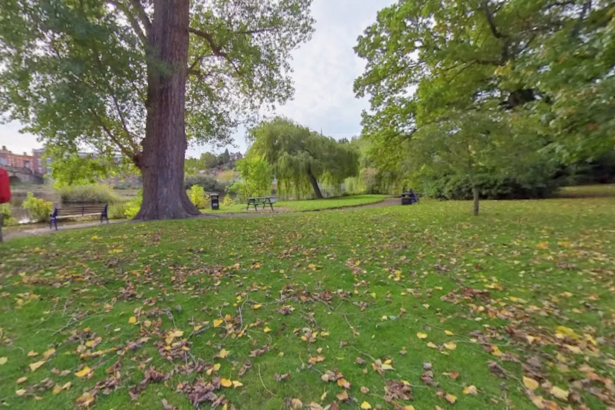 An image collage containing 1 images, Image 1 shows Abbey Gardens park with a picnic table and benches on a path, with a river and a bridge in the background