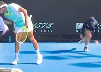 Worrying scenes unfolded at Melbourne Park during the first day of Australian Open qualifying after a ball kid collapsed during Moez Echargui's (left) defeat by Luca van Assche