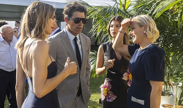 Zara Tindall shades herself from the sun as she speaks to Delfina Blaquier and Nacho Figueras