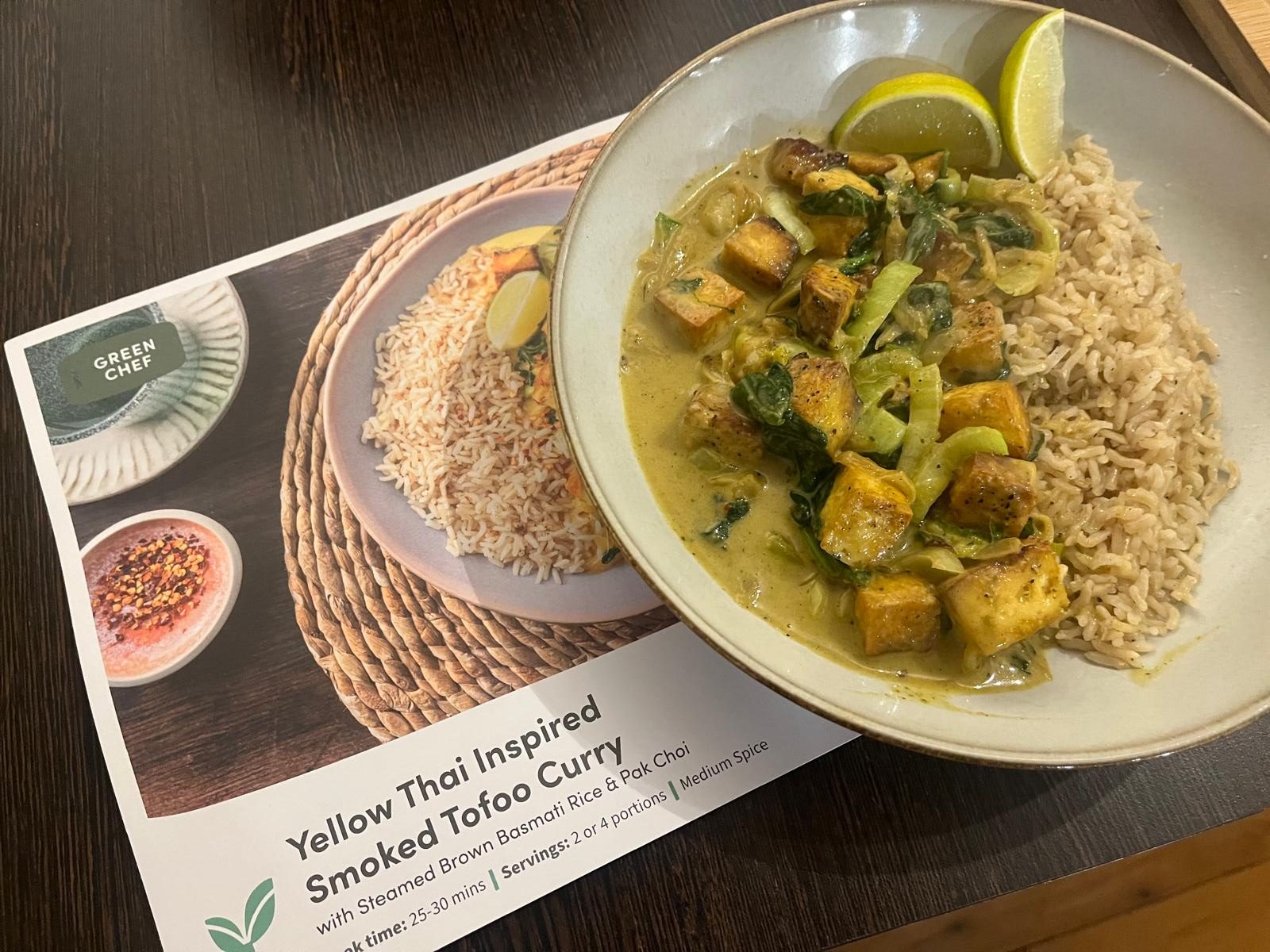 Yellow Thai-inspired smoked tofu curry with brown rice and pak choi from Green Chef