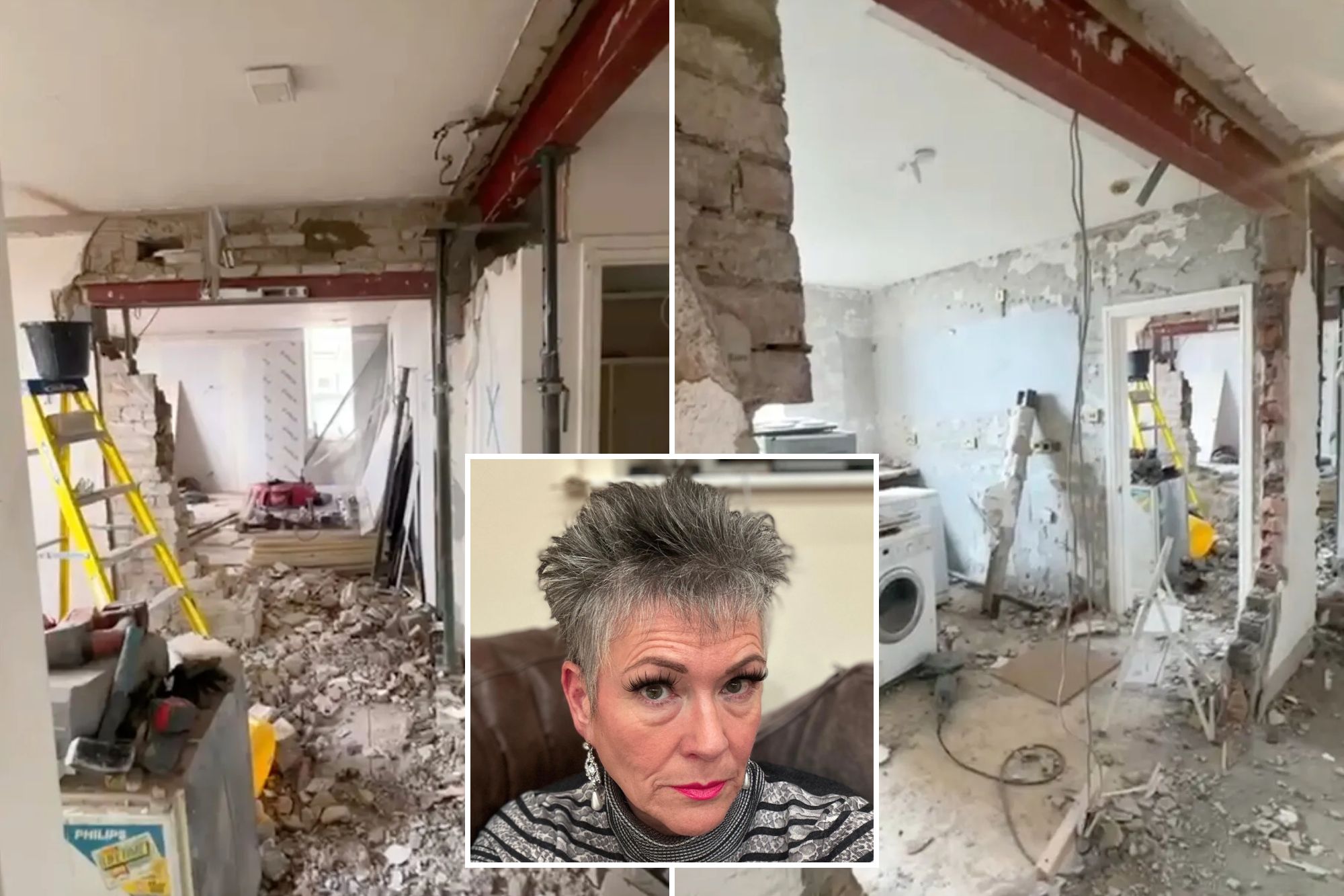 An image collage containing 3 images, Image 1 shows A room under construction with exposed brickwork, supporting beams, debris on the floor, and a ladder, reflecting a "cowboy builder" ruined dream home, Image 2 shows Interior of a home under demolition with exposed brick, an I-beam, and debris on the floor, Image 3 shows A close-up of Debs Molwuka looking at the camera, wearing a black and white striped top, long false eyelashes, and bright pink lipstick