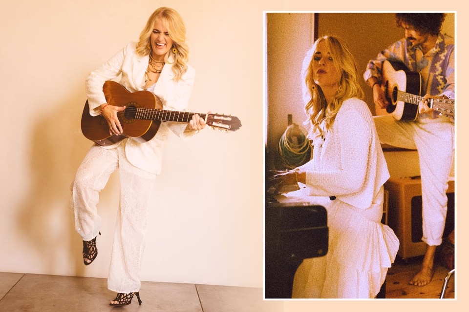 Collage of Elles Bailey playing a guitar and Elles Bailey playing a piano.