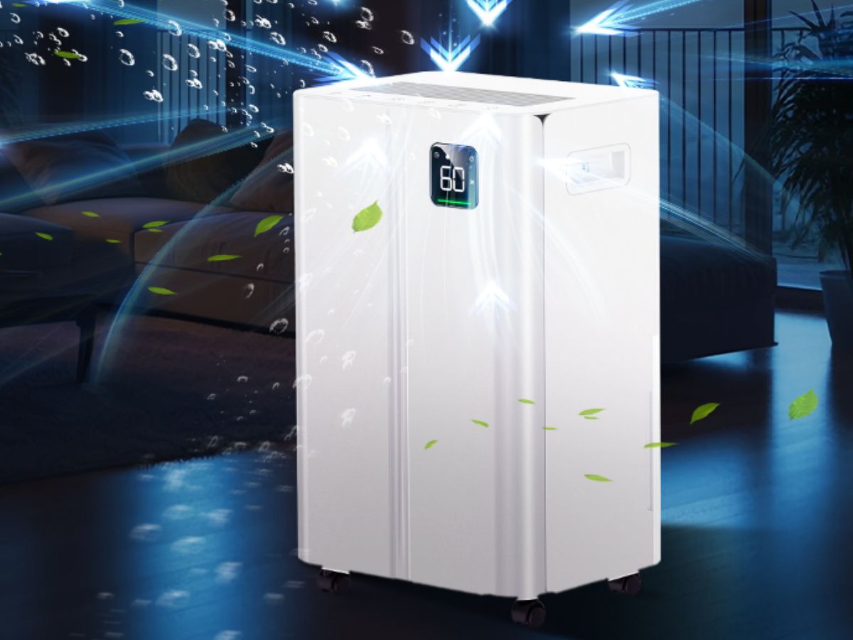 Illustration of a white dehumidifier with a digital display showing "60", surrounded by floating water droplets and leaves, against a blurred background of a living room.