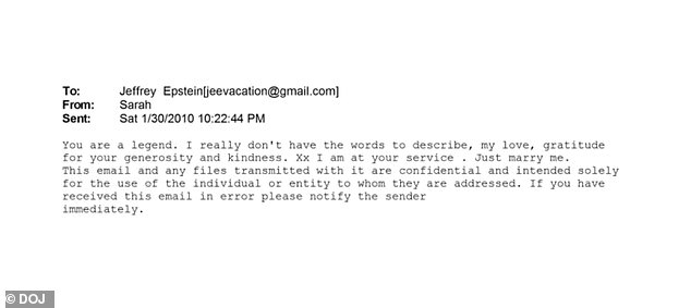 The message, sent in January 2010, was included in millions of documents relating to the disgraced financier made public by the US Department of Justice on Friday