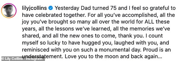 'Yesterday Dad turned 75 and I feel so grateful to have celebrated together. For all you¿ve accomplished, all the joy you¿ve brought so many all over the world for ALL these years,'