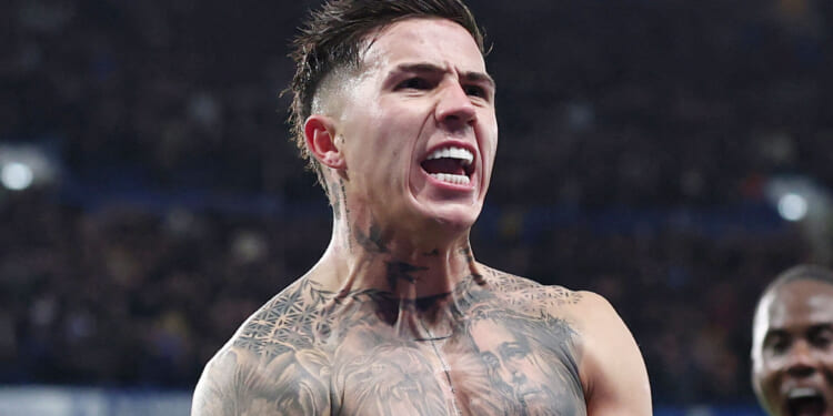 Enzo Fernandez nearly suffers horror wardrobe malfunction as he strips while wildly celebrating Chelsea win vs West Ham