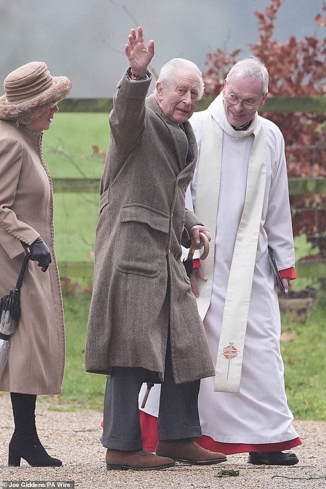 King Charles III and Queen Camilla are pictured this morning attending the Divine Service at St Mary Magdalene, the parish church at Sandringham, Norfolk