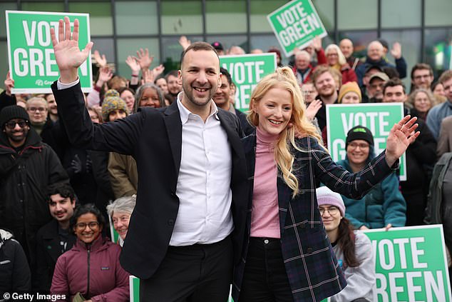 Mr Polanski (pictured with the Greens' candidate for the Gorton & Denton by-election said it was 'hypocritical' for senior politicians to admit they had taken drugs while 'incarcerating' people for doing the same - adding that was 'very often yet again young black and brown people'