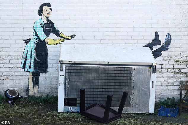 Banksy even painted his latest work in Margate. Dubbed 'The Valentine's Day Mascara', the mural depicts a 1950s-style housewife pushing her abusive husband into a discarded freezer. It appeared on the wall of the property on Valentine's Day - with Banksy confirming it was his. But it was unceremoniously wrecked by the local council who removed the freezer