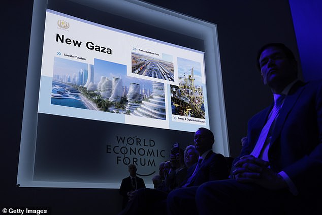 Trump and Kushner presenting their master plan for Gaza to an audience of world leaders at the World Economic Forum in Davos