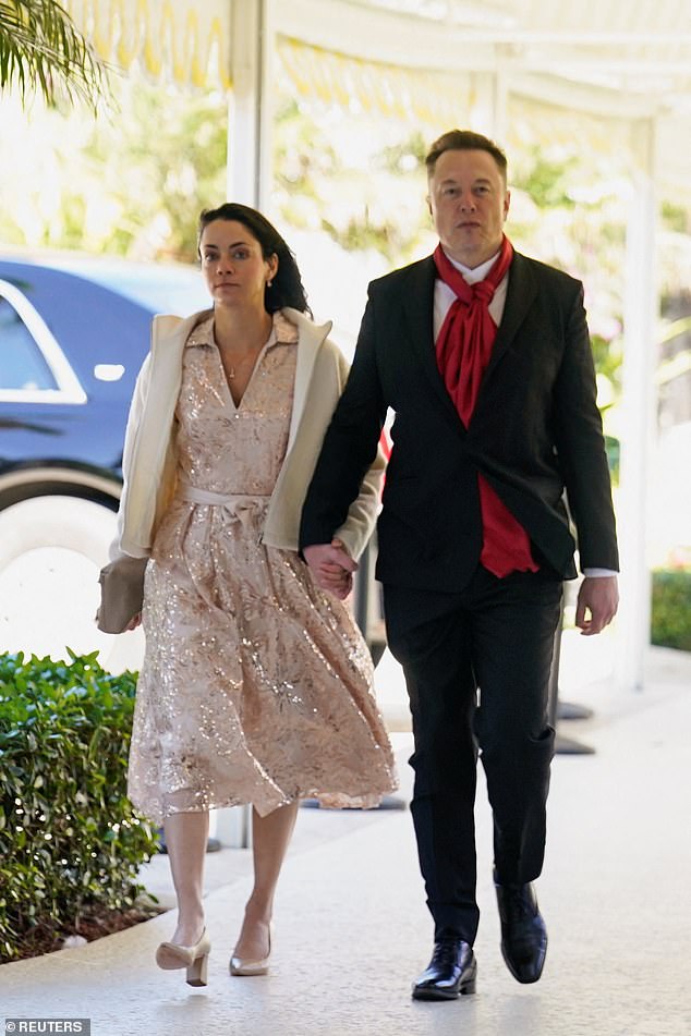 Elon Musk and Shivon Zilis - a high-level executive at Neuralink who birthed four of his children - looked dashing as they arrived at the Florida estate for the nuptials