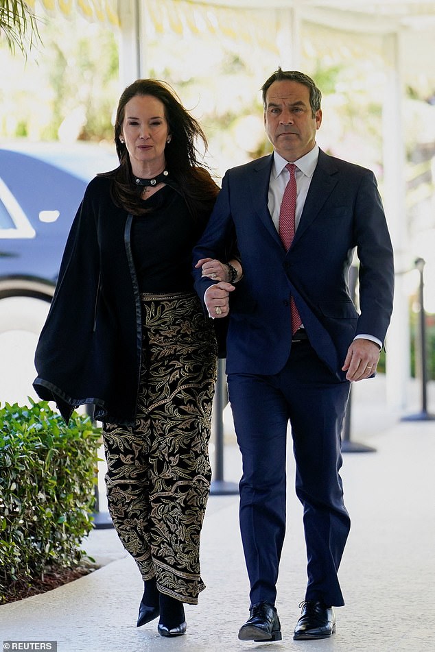 Secretary of Agriculture Brooke Rollins and her husband Mark Rollins arrive ahead of the wedding of Dan Scavino