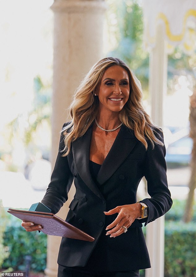 Laura Trump - the president's daughter-in-law - wore a tailored black suit and a tennis necklace as she stepped inside the building for the nuptials