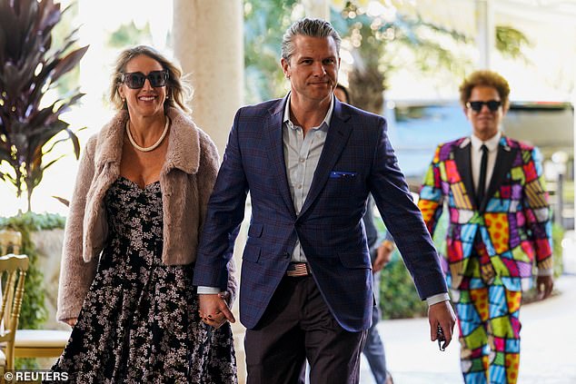 Defense Secretary Pete Hegseth and Jennifer Rauchet arrive ahead of the wedding of Dan Scavino