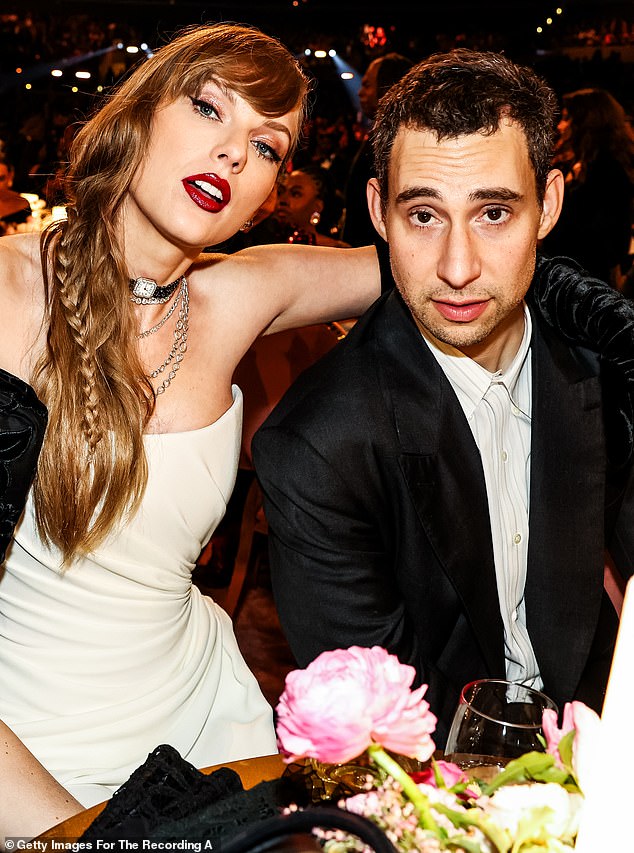 Taylor Swift's longtime collaborator/producer Jack Antonoff is nominated for seven awards for his work with Sabrina Carpenter and Kendrick Lamar; Swift and Antonoff seen in 2024