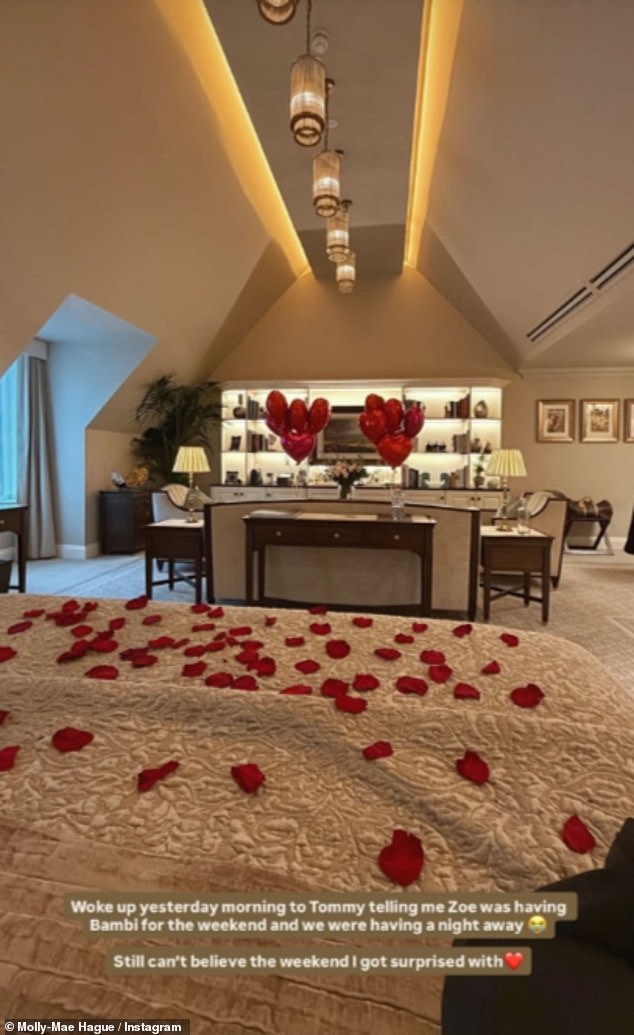 The influencer penned: ' Woke up yesterday to Tommy telling me Zoe was having Bambi for the weekend and we are having a night away. Still can't believe the weekend I got surprised with'