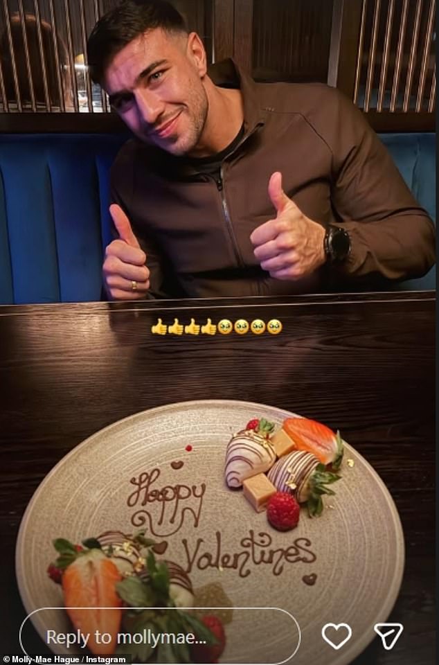 Enjoying a romantic dinner, the pair tucked into chocolate strawberries for dessert as she shared a snap of a beaming Tommy