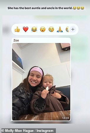 As the parents enjoyed some child free time, Molly-Mae also shared a snap Zoe with Bambi as Molly wrote: 'She has the best auntie and uncle in the world'