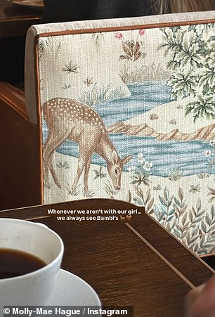 She also shared a sweet snap of a chair with an embroidered deer as she wrote: 'Whenever we aren't with our girl we always see Bambi's'