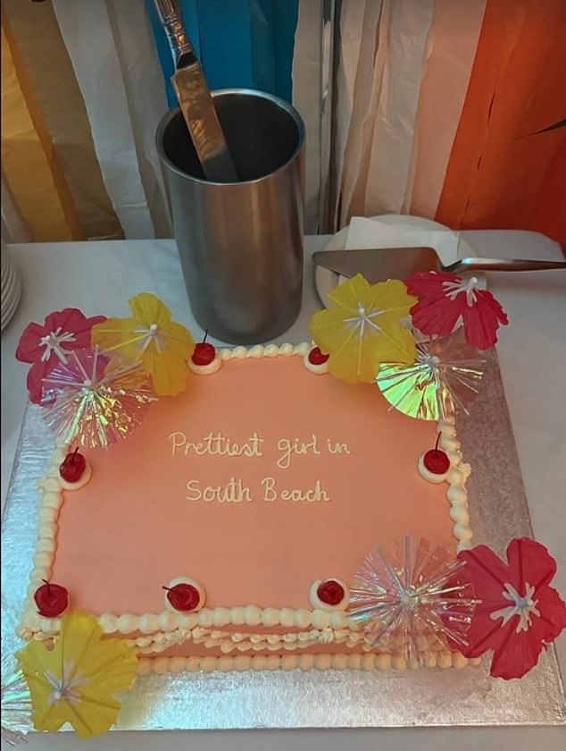 Meanwhile guests enjoyed a Palm Beach themed cake which read 'Prettiest girl in South Beach'