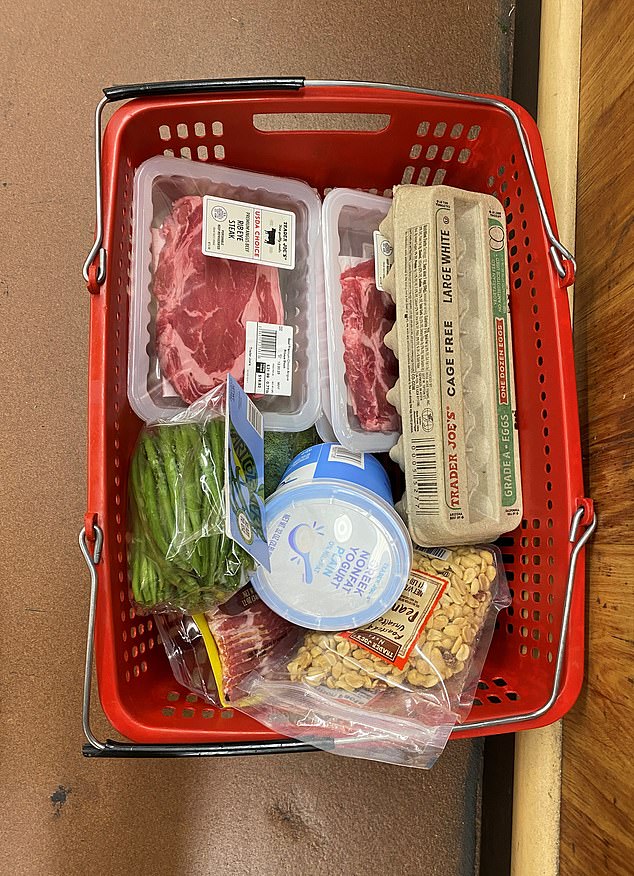 An RFK Jr-inspired shopping basket. It's packed with red meat, eggs, pistachios, yogurt and bacon