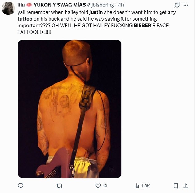 'Remember when Hailey told Justin she doesn't want him to get any tattoo on his back and he said he was saving it for something important? Oh well he got Hailey f***ing Bieber's face tattooed!'