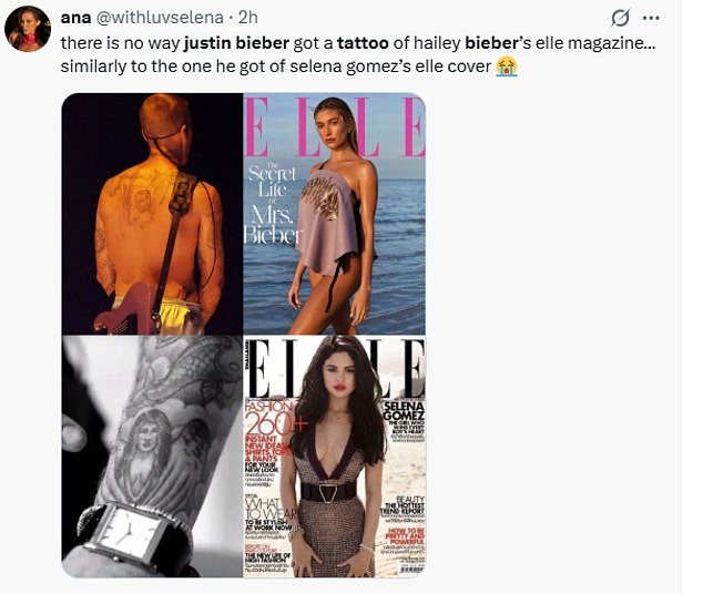And they were quick to draw comparison between the tattoo of Hailey and one he used to have of his ex Selena Gomez, which was also based on an Elle shoot