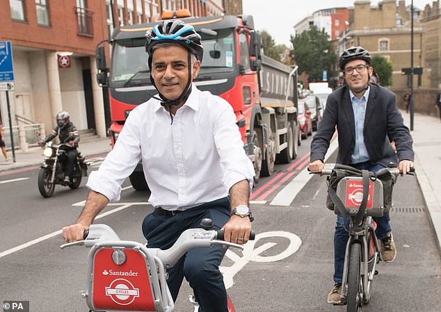 Sadiq Khan and London's cycling commissioner Will Norman on TfL hire bicycles. Both have overseen an aggressive rollout of floating bus stops in London