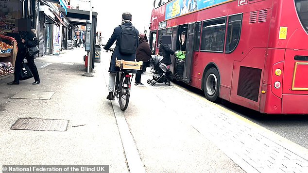 Video footage shot by the National Federation of the Blind UK shows close shaves between pedestrians and cyclists at a number of floating bus stops