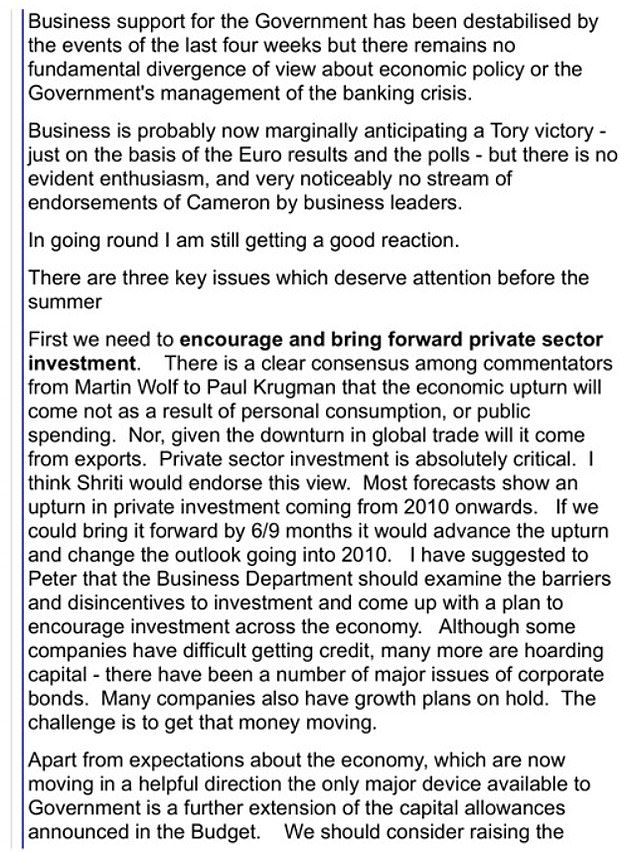 The 2009 memo highlighted that the government was looking to get investment moving