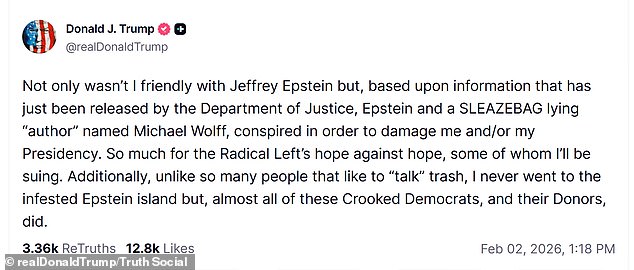 President Donald Trump fired off a Truth Social post Monday afternoon blasting those who have falsely claimed that he ever traveled to Jeffrey Epstein's island